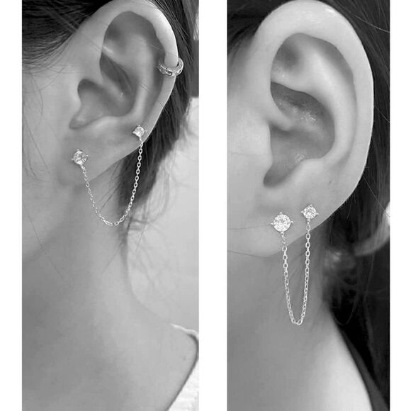 Crystal Chain Stud Sterling Silver Cartilage Double Piercing Climber Earring NEW - Picture 10 of 16